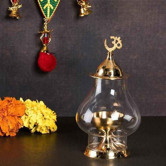 Brass Akhand Diya with Glass Chimney for Puja - Traditional Oil Lamp for Home Temple