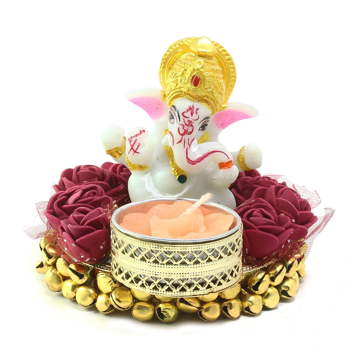 Lord Ganesha Idol on Decorative Plate with Tea Light Holder - 200g - RamKart