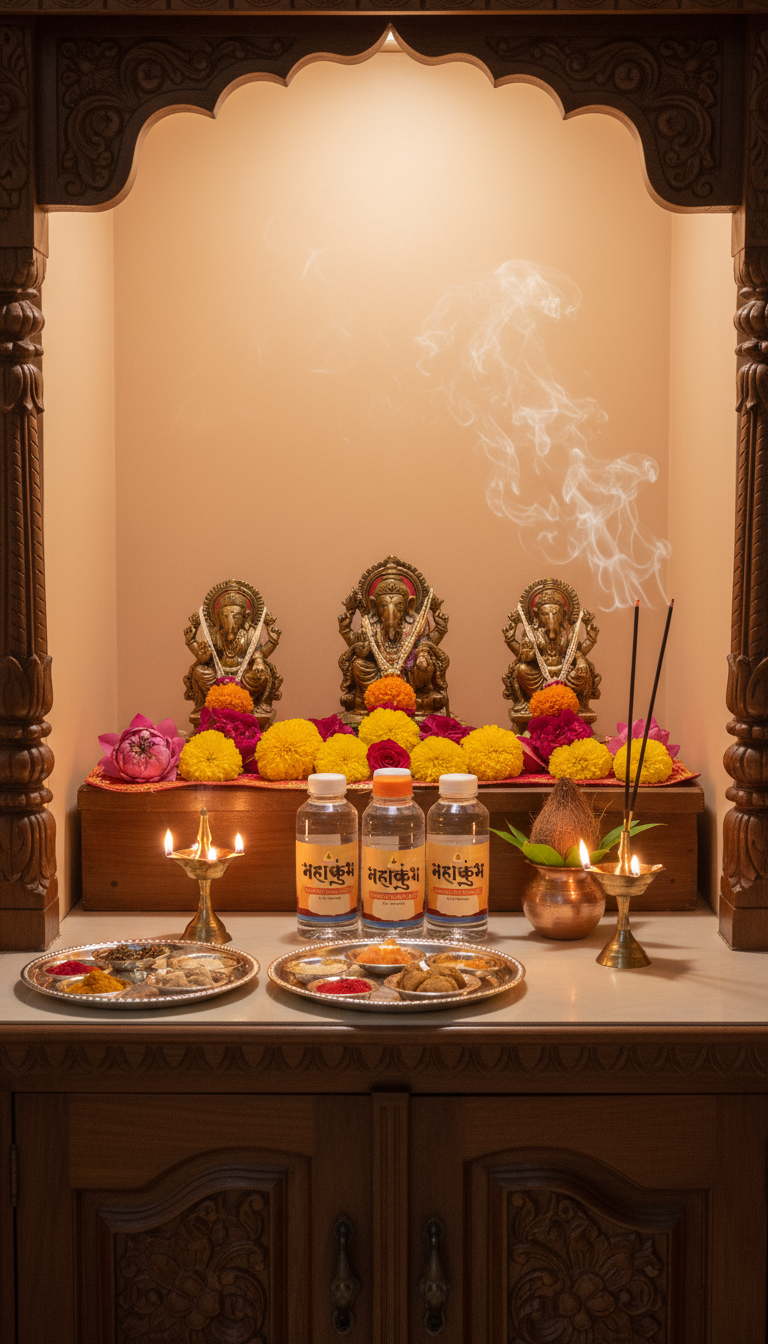 Sacred water bottles on puja altar