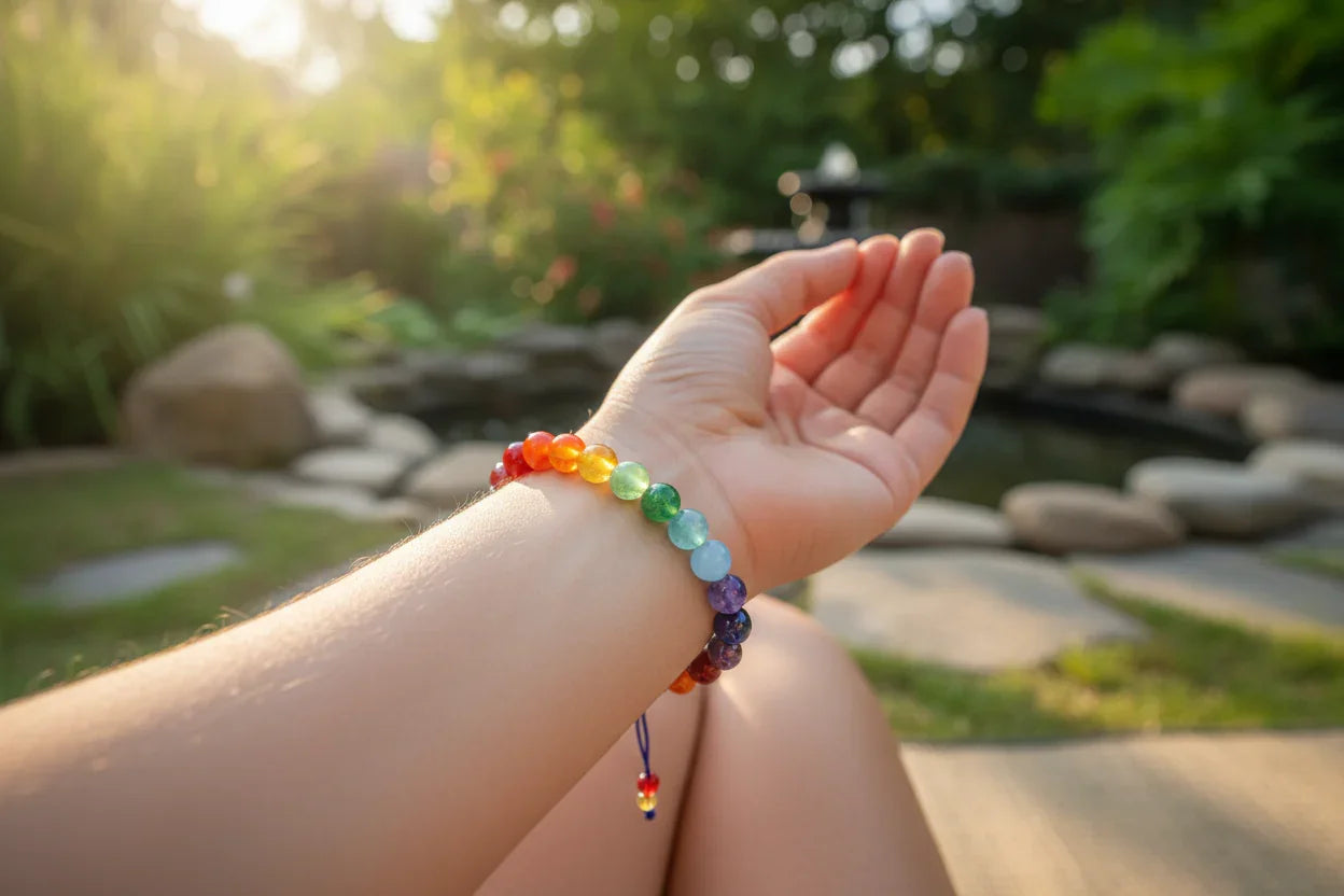 Person wearing 7 chakra healing bracelet during meditation