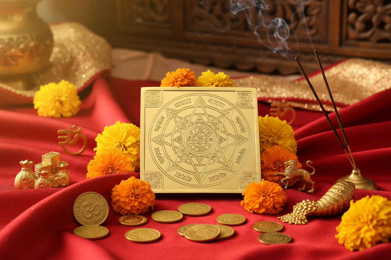 Gold plated Shri Vyapar Vridhi Yantra with coins flowers for business prosperity puja