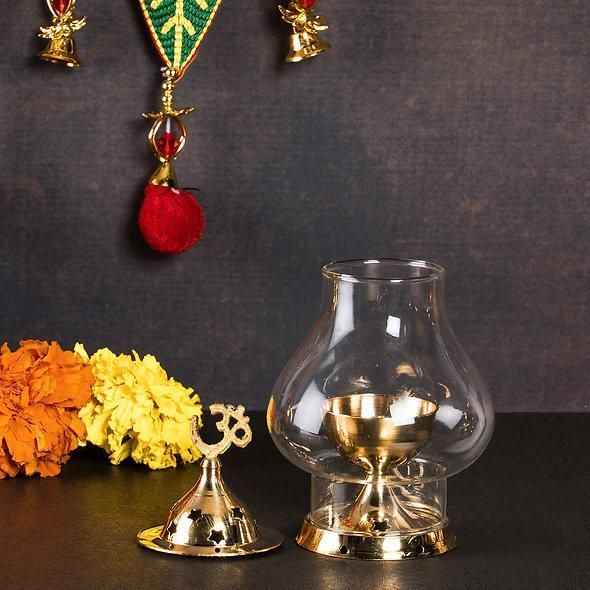 Brass Akhand Diya with Glass Chimney for Puja - Traditional Oil Lamp for Home Temple - RamKart