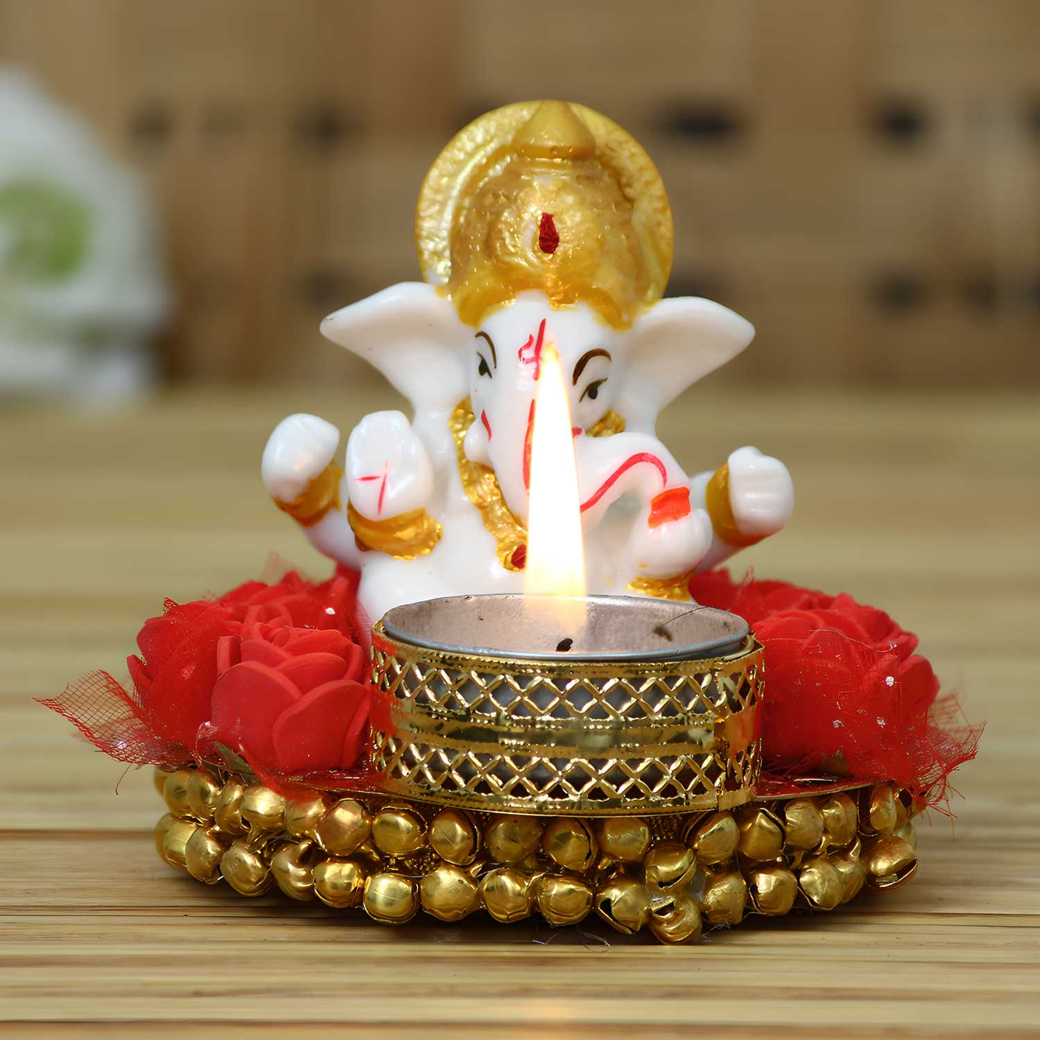 Lord Ganesha Idol on Decorative Plate with Tea Light Holder - 200g - RamKart
