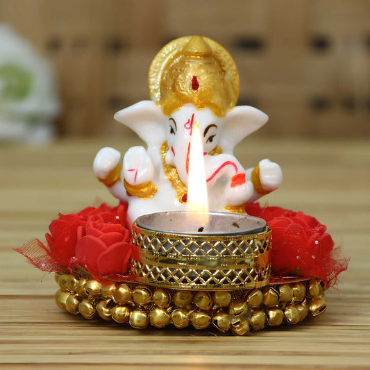 Lord Ganesha Idol on Decorative Plate with Tea Light Holder - 200g - RamKart