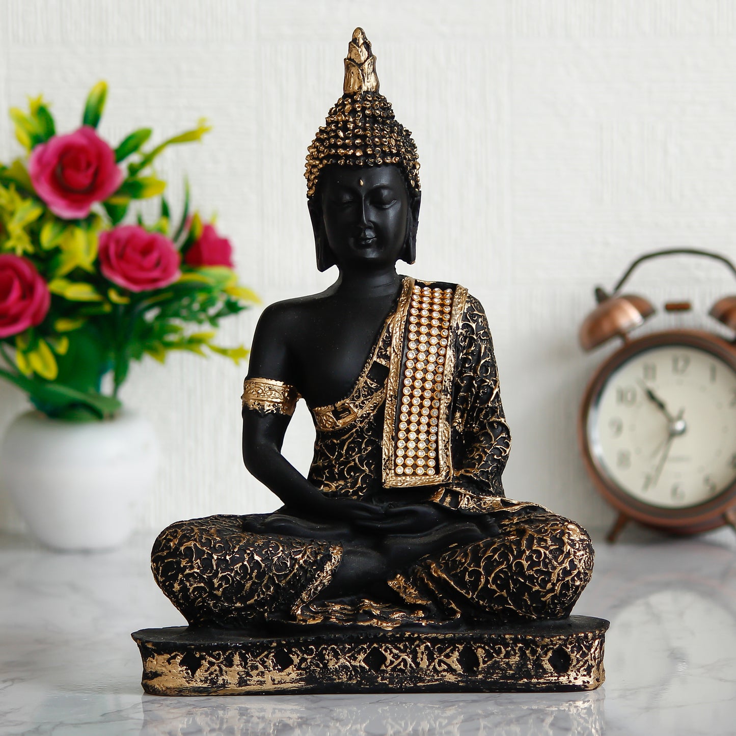 Black & Golden Meditating Buddha Statue - Handcrafted Showpiece for Home Decor - RamKart