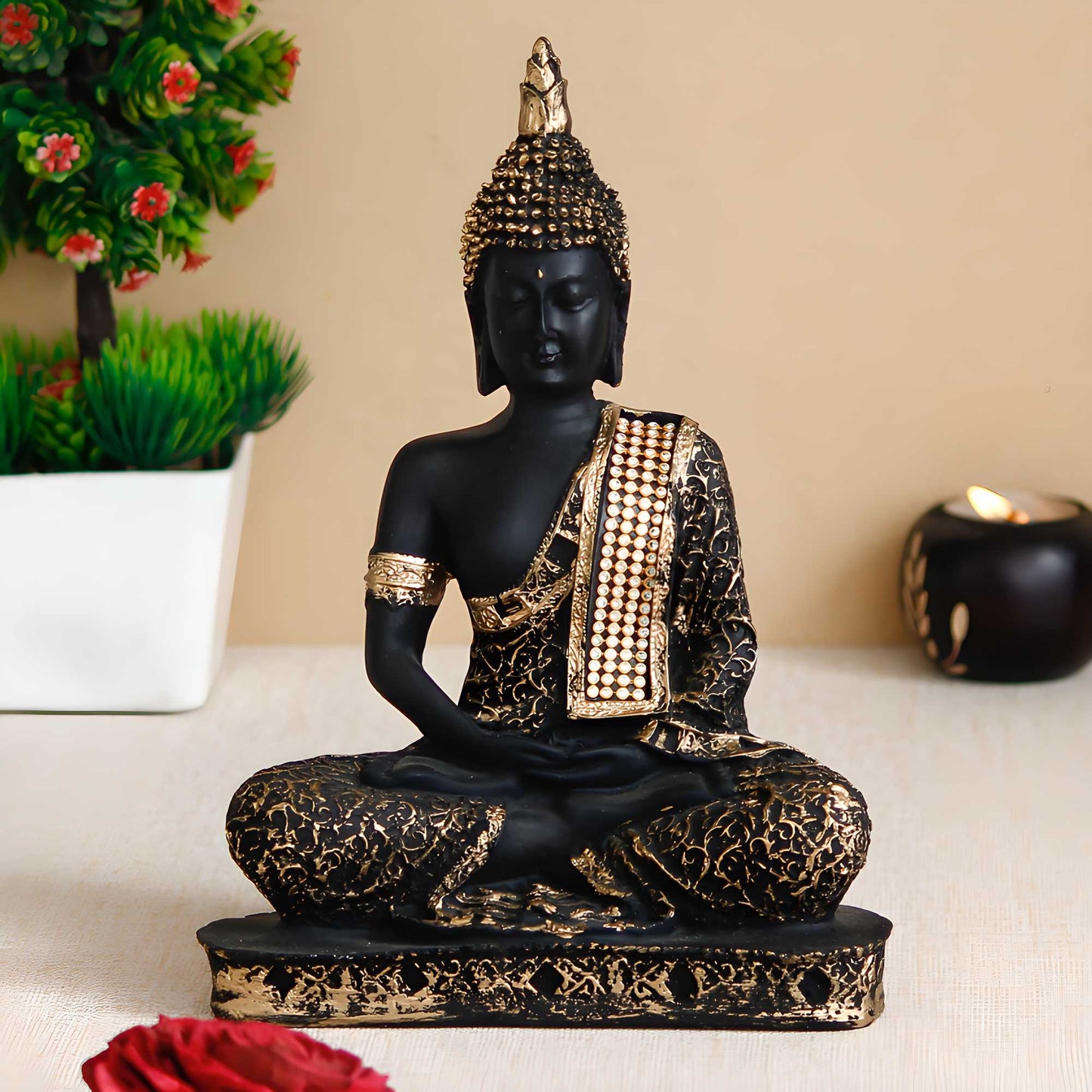 Black & Golden Meditating Buddha Statue - Handcrafted Showpiece for Home Decor - RamKart