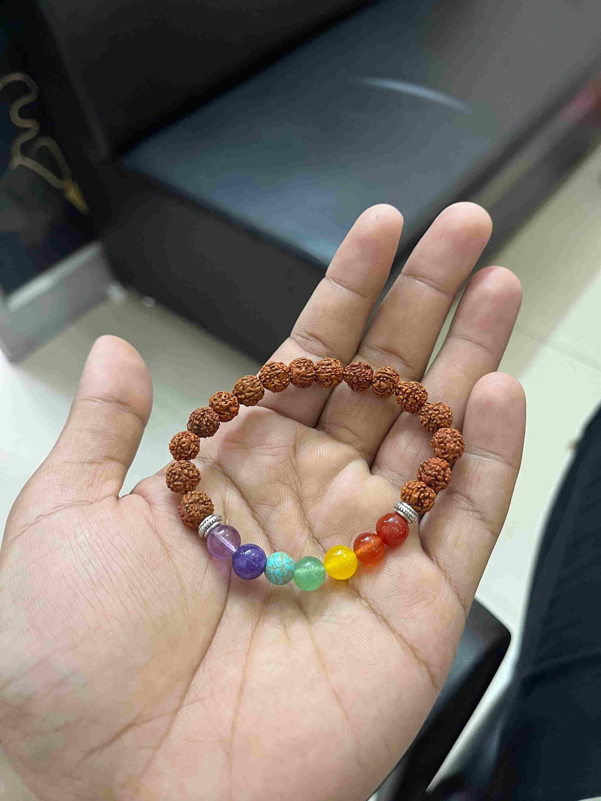 7 Chakra Energy Bracelet Close-Up — Natural Stones and Genuine Rudraksha Beads — Ramkart