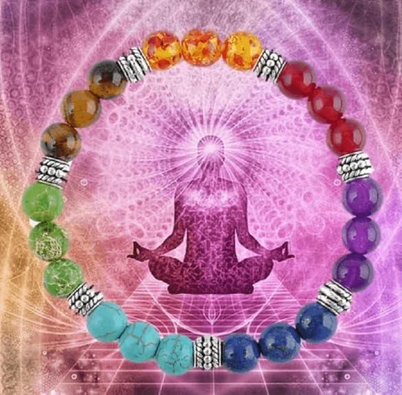 Chakra beaded bracelet with a meditation pose illustration on a colorful background