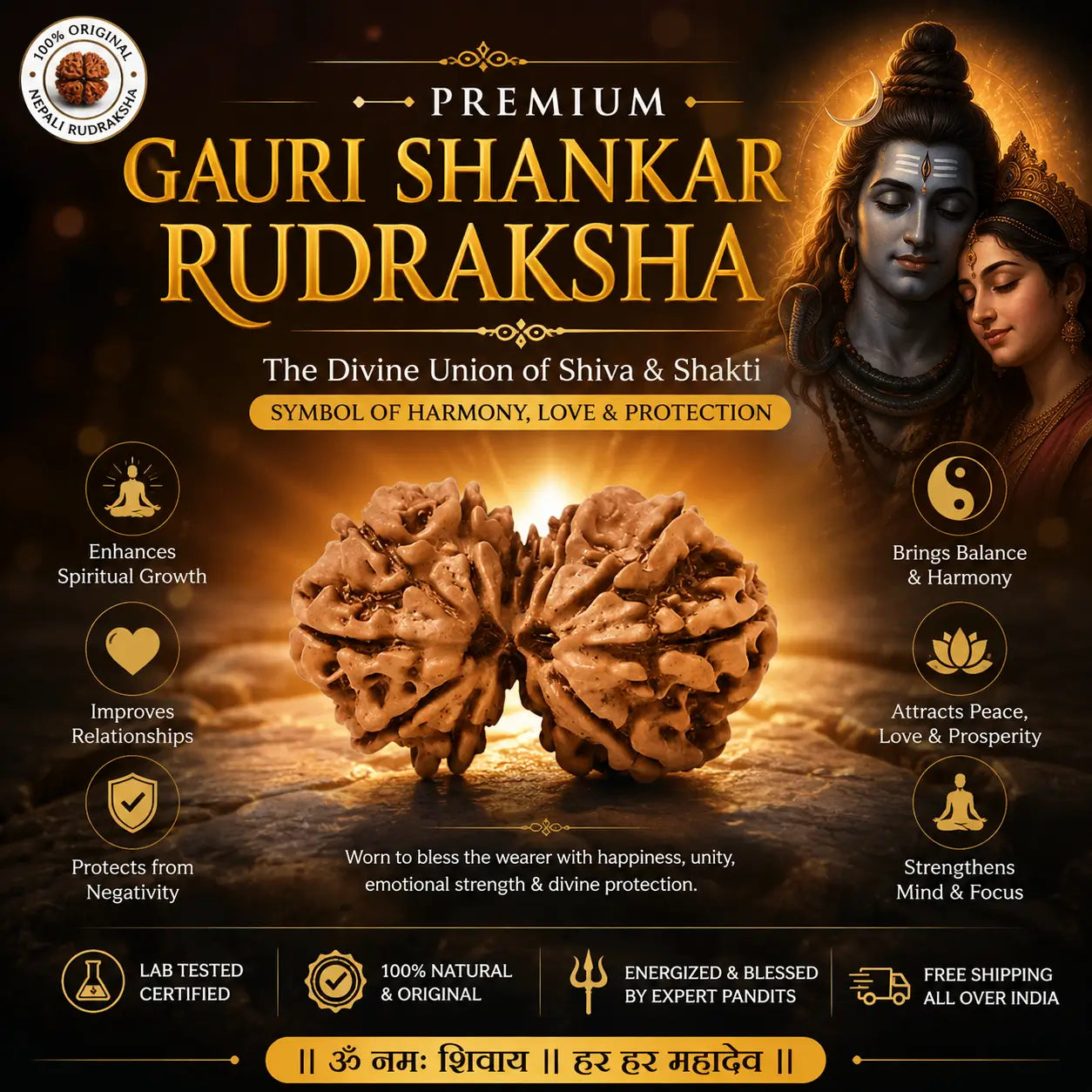  Gauri Shankar Rudraksha seeds, showing two brown Rudraksha fruits in the center, a Shiva and Shakti image on the right, and several benefit icons on a dark glowing background.