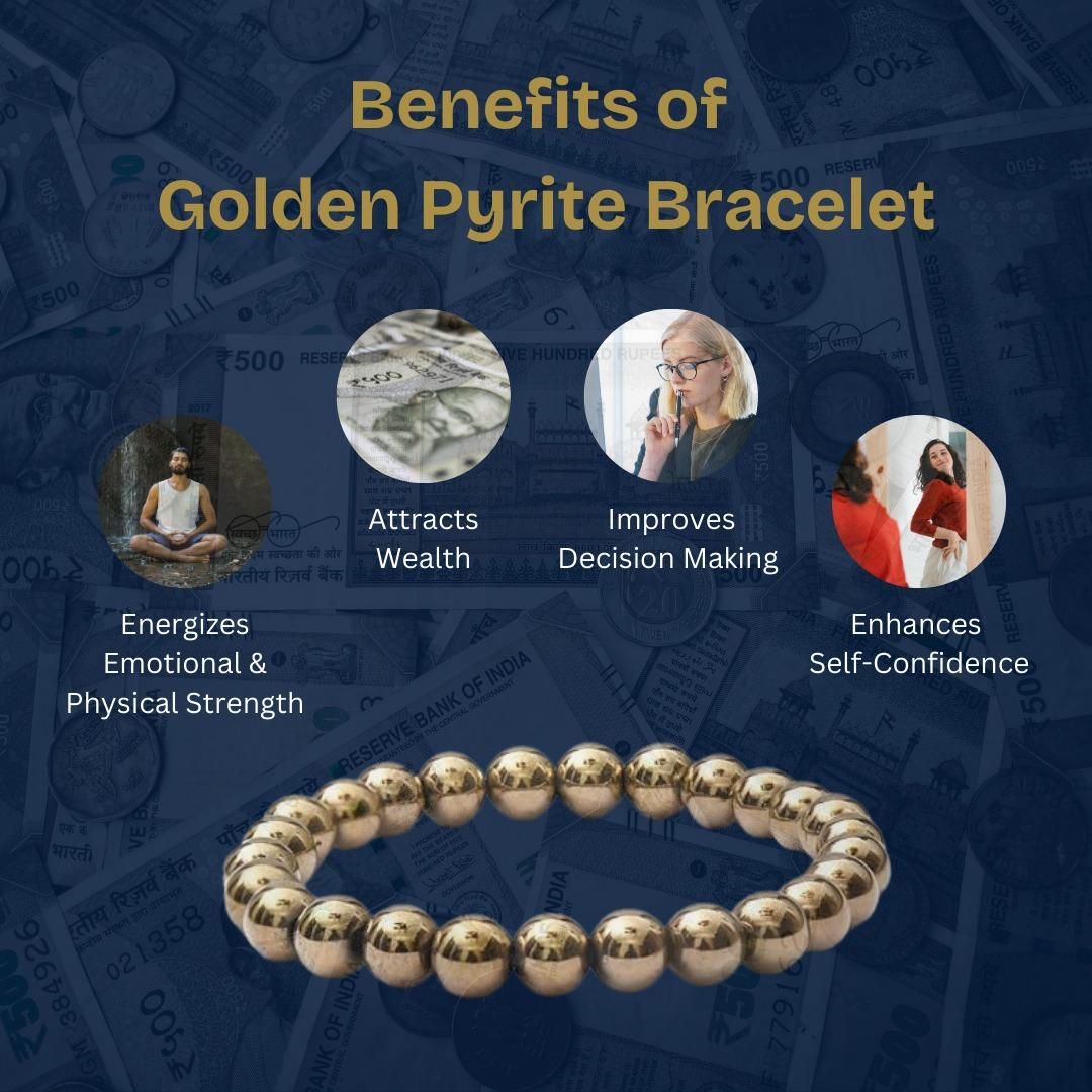 Golden pyrite bracelet with benefits listed on a dark background
