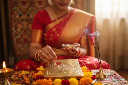 Hands performing Lakshmi puja ritual with brass yantra kumkum flowers traditional worship