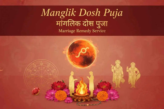 Advertisement for Manglik Dosh Puja with astrological symbols and deities on a red background.