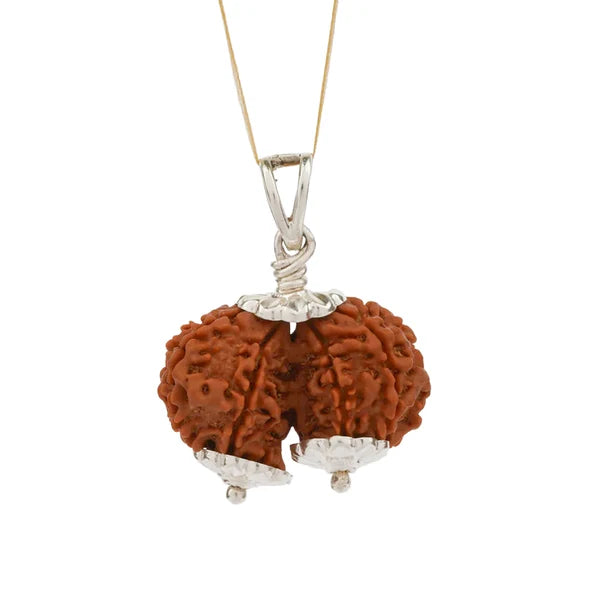 A pendant necklace featuring two reddish-brown textured rudraksha beads held in a silver-tone setting with a silver chain, shown against a plain white background.