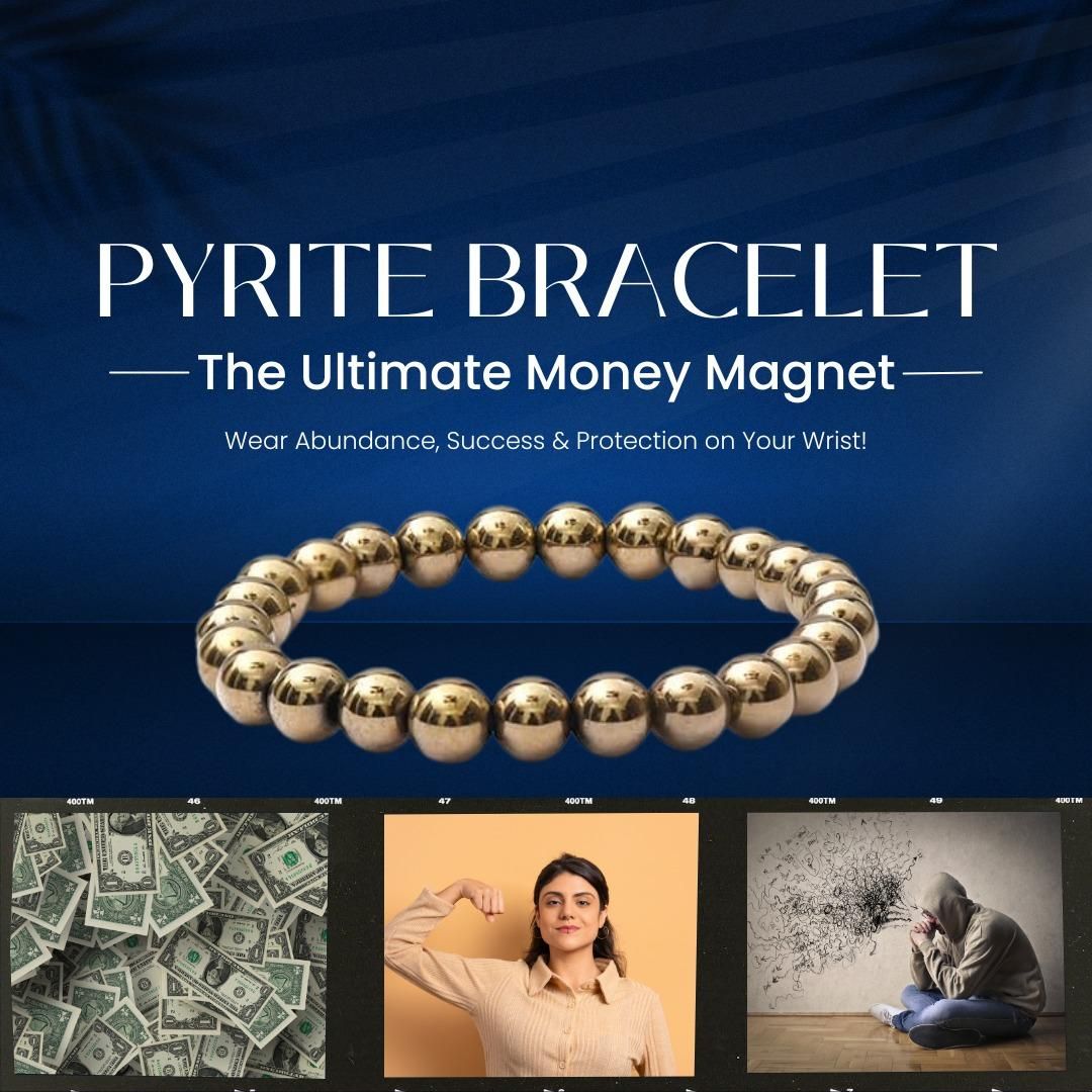 Pyrite bracelet with text on a blue background