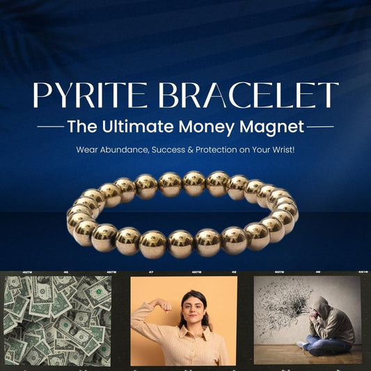 Pyrite bracelet with text on a blue background