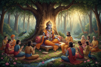 Ramkatha of a religious figure sitting under a tree with disciples in a forest setting