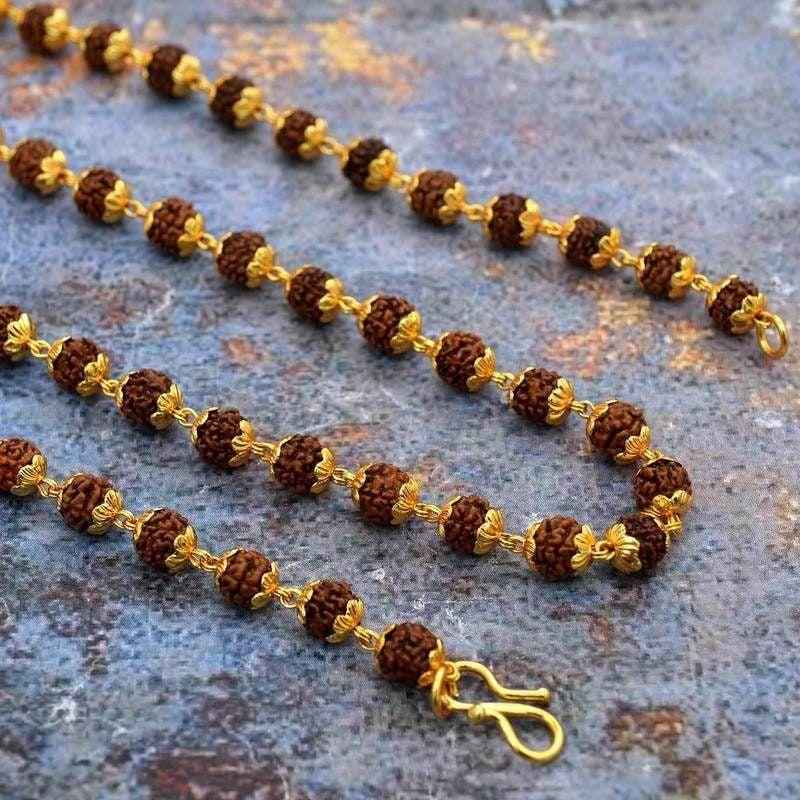Gold-plated Rudraksha mala with 108 authentic beads for meditation and spiritual wellness