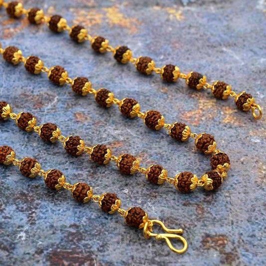 Gold-plated Rudraksha mala with 108 authentic beads for meditation and spiritual wellness