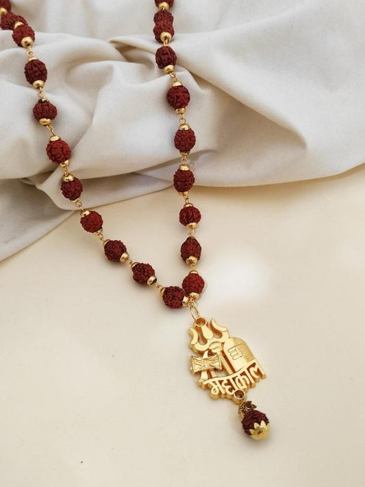 Rudraksha Mala with Gold Plated Trishul Pendant Front View