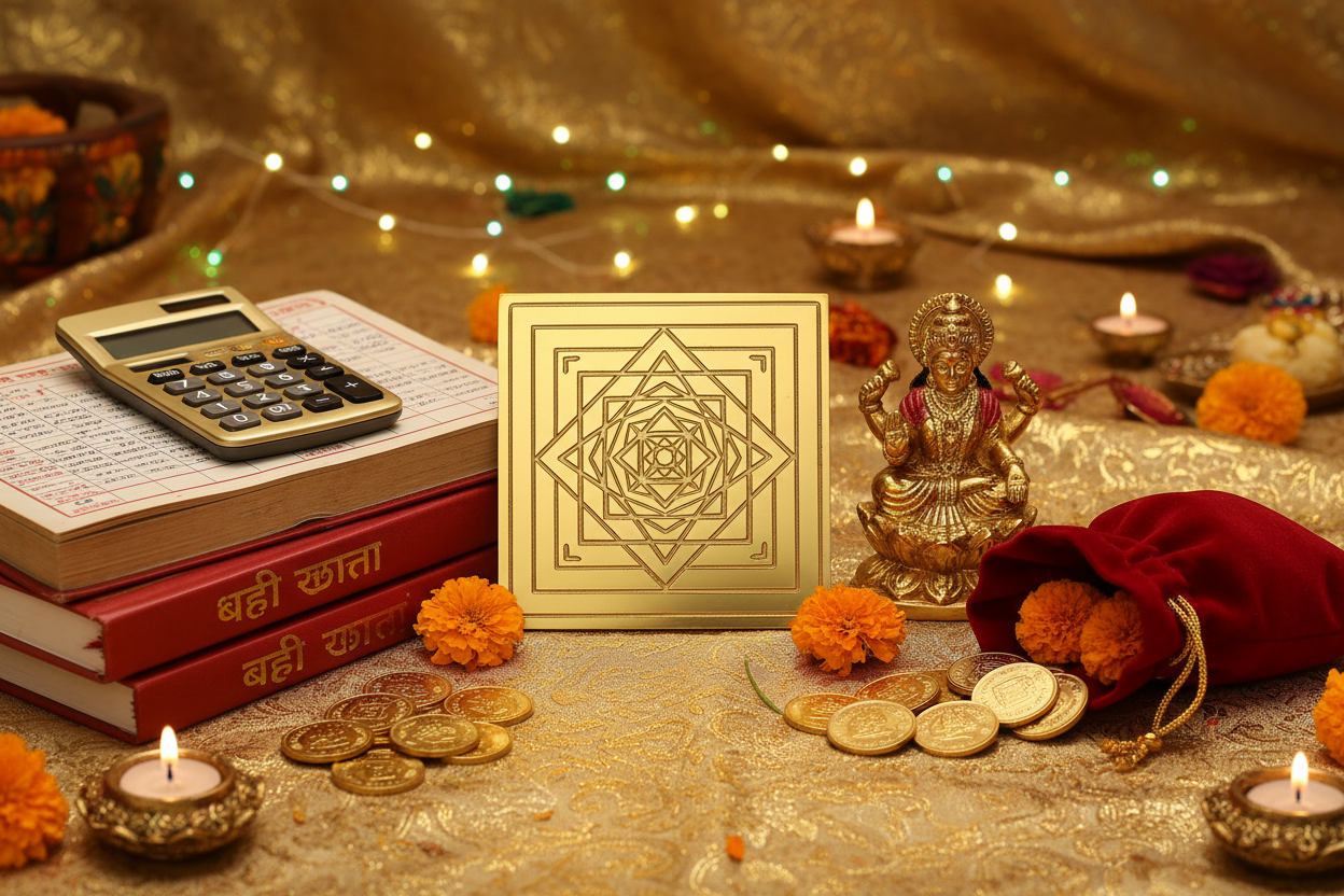 Gold Vyapar Vridhi Yantra with Lakshmi idol business books complete prosperity set