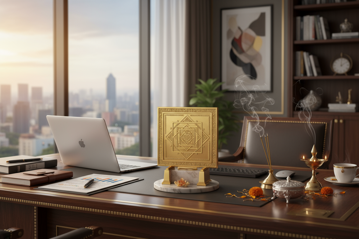 Business office desk with gold Vyapar Vridhi Yantra modern workspace success prosperity