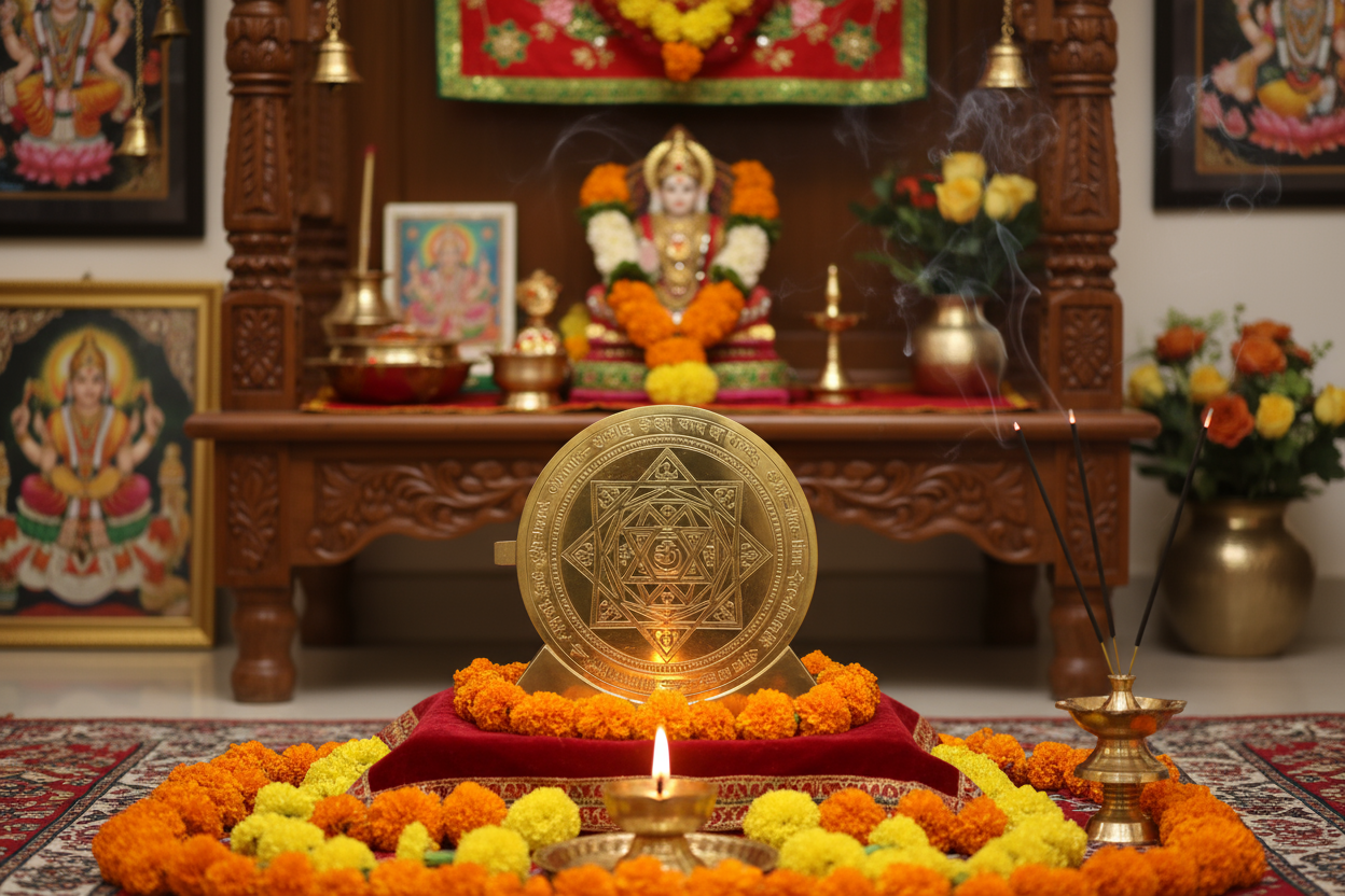 Mahalaxmi Yantra in Traditional Home Temple Puja Room with Diya and Flowers