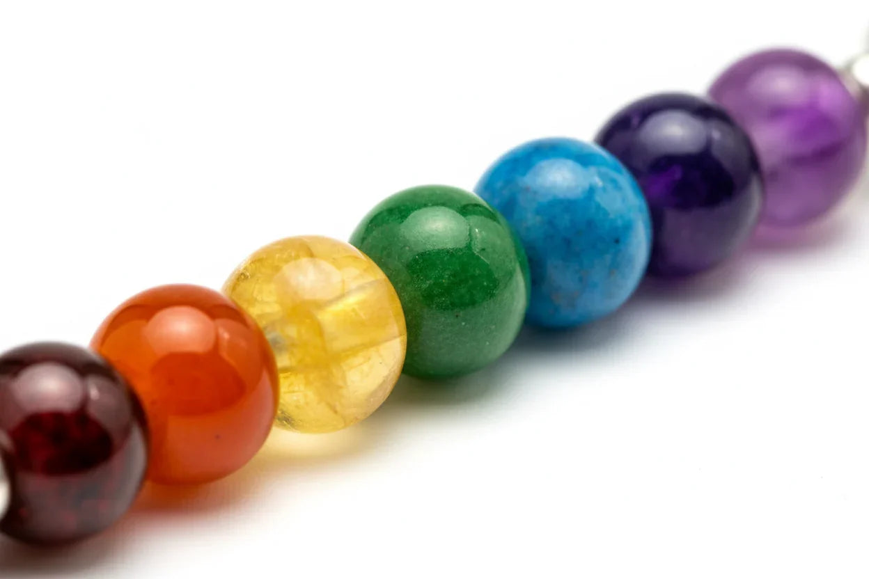 Close-up of colorful chakra bracelet beads
