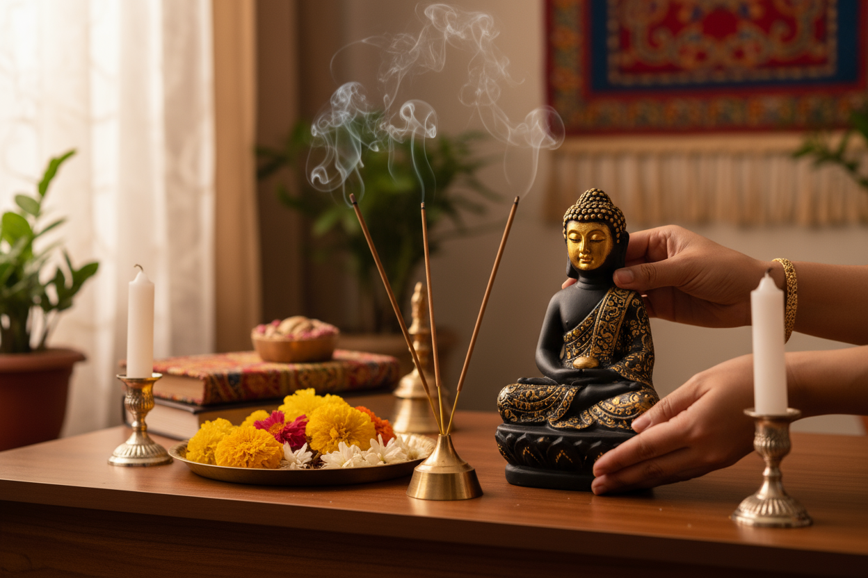 Buddha showpiece on home altar with puja items