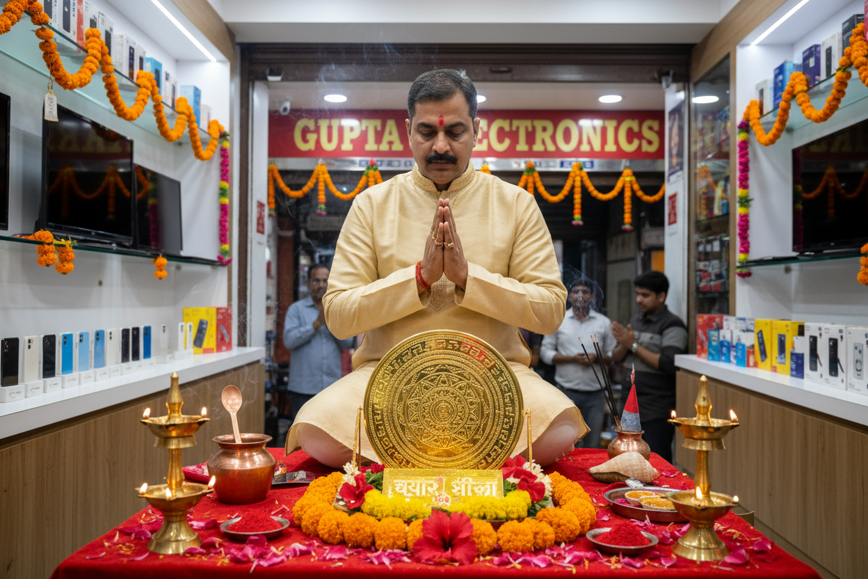 Business owner performing puja with Vyapar Vridhi Yantra in shop traditional worship