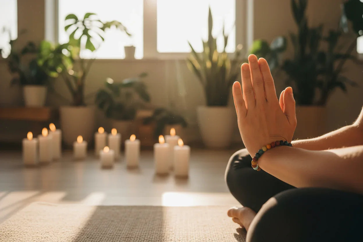Meditation scene with chakra bracelet for wellness