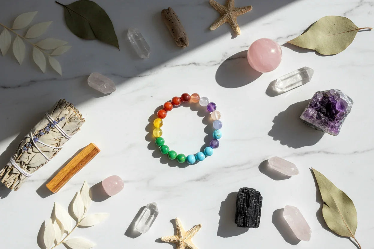 Flat lay of 7 chakra bracelet with healing crystals