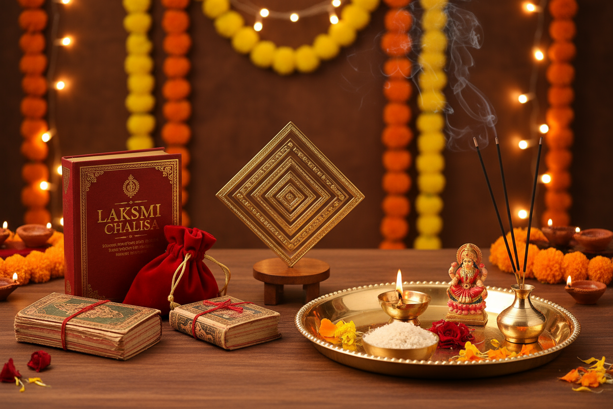 Brass Laxmi Yantra with Lakshmi Chalisa book puja thali Diwali worship set arrangement