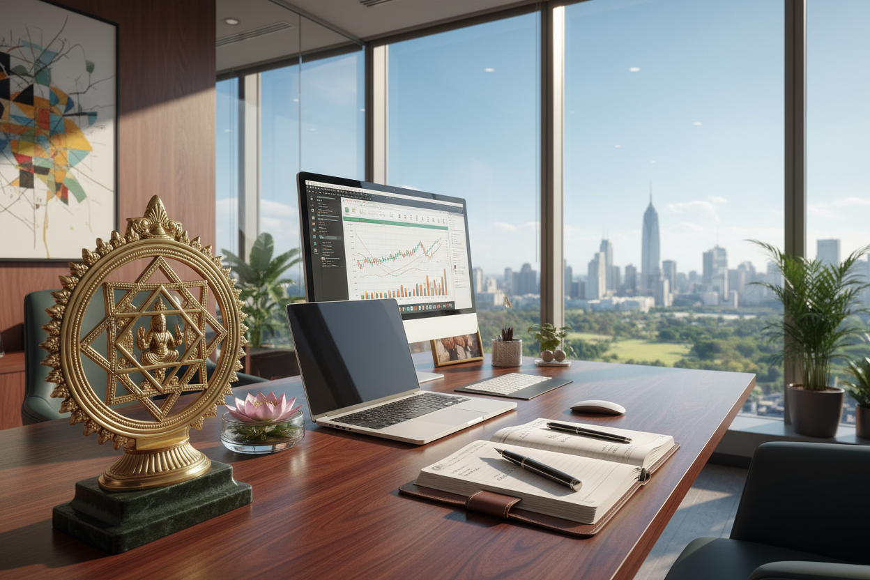 Business office desk with brass Laxmi Yantra modern workspace prosperity success symbolism