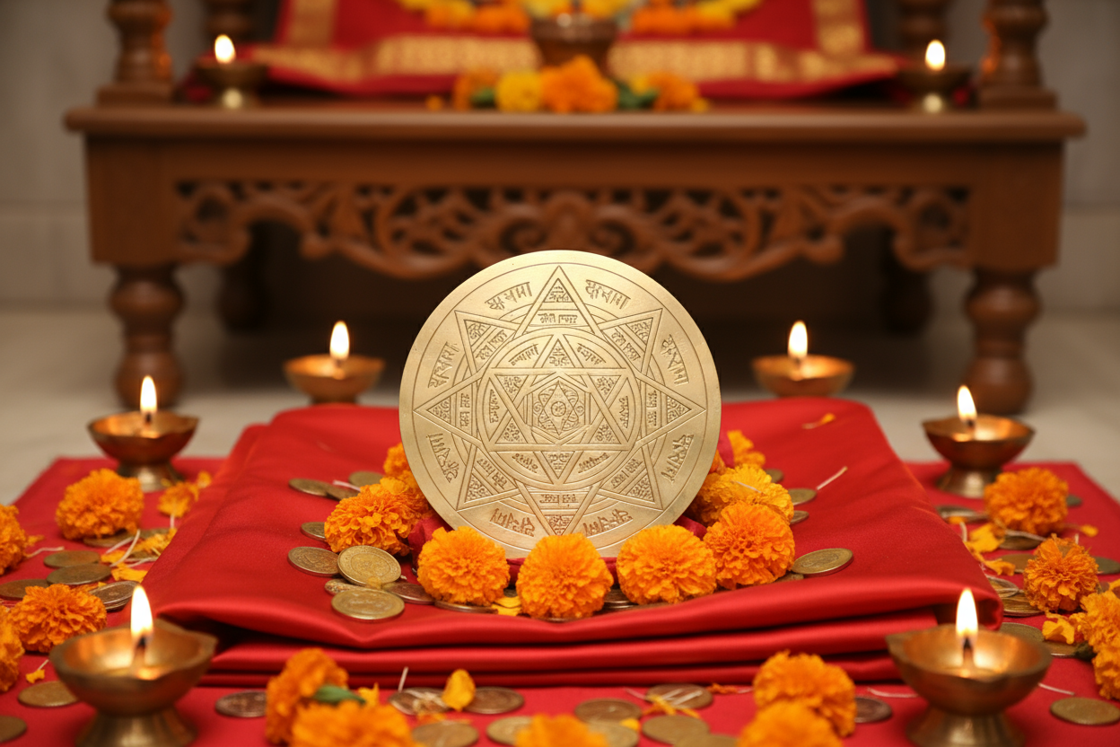 Brass Shree Laxmi Yantra with marigold flowers diyas and coins for wealth prosperity puja