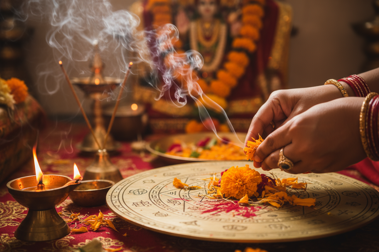Traditional Puja Ritual with Navagraha Yantra Worship