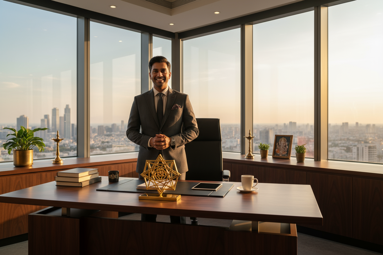 Successful entrepreneur with Vyapar Vridhi Yantra in modern office business achievement