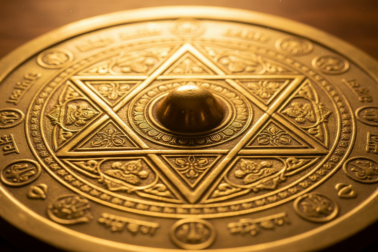 Close-up Detail of Brass Mahalaxmi Yantra Intricate Engravings and Craftsmanship