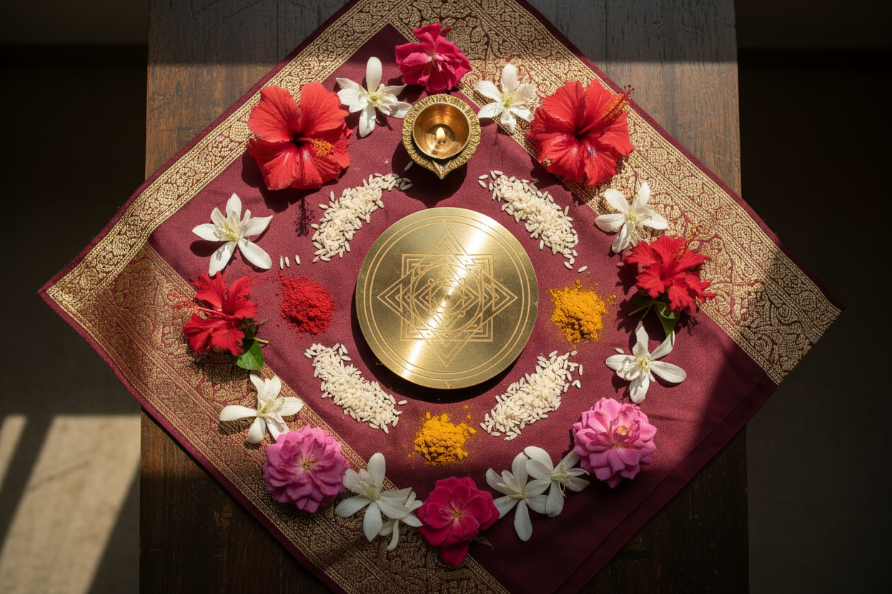 Mahalaxmi Yantra with Traditional Puja Items - Kumkum Flowers Diya Worship Setup