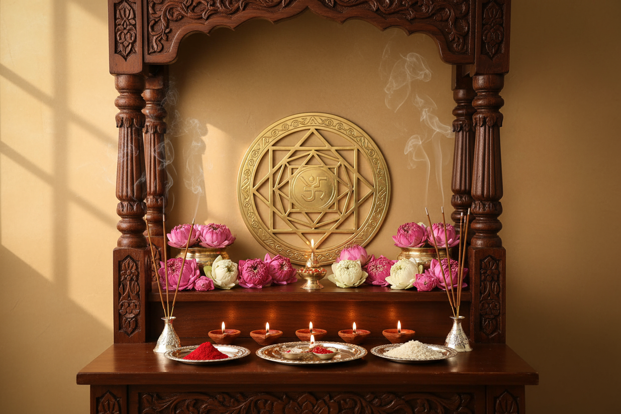 Home temple altar with brass Laxmi Yantra lotus flowers incense for prosperity worship