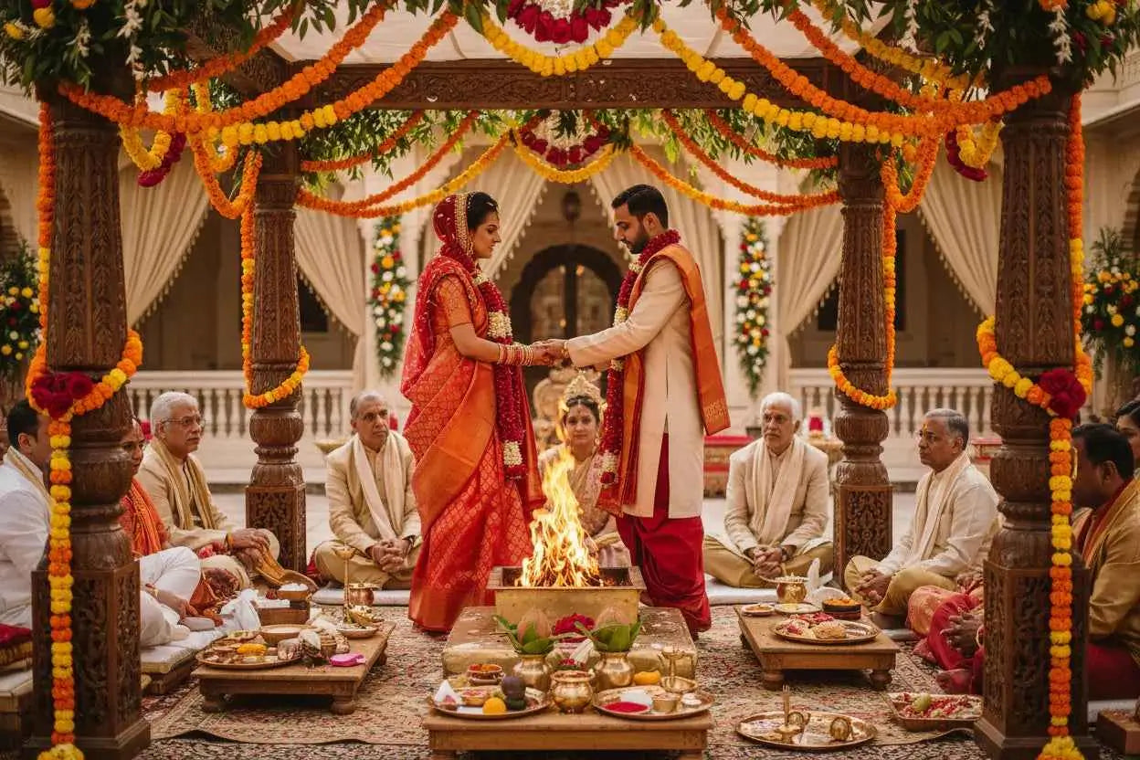 Book pandit for marriage ceremony with couple in red and orange attire, surrounded by floral decorations.