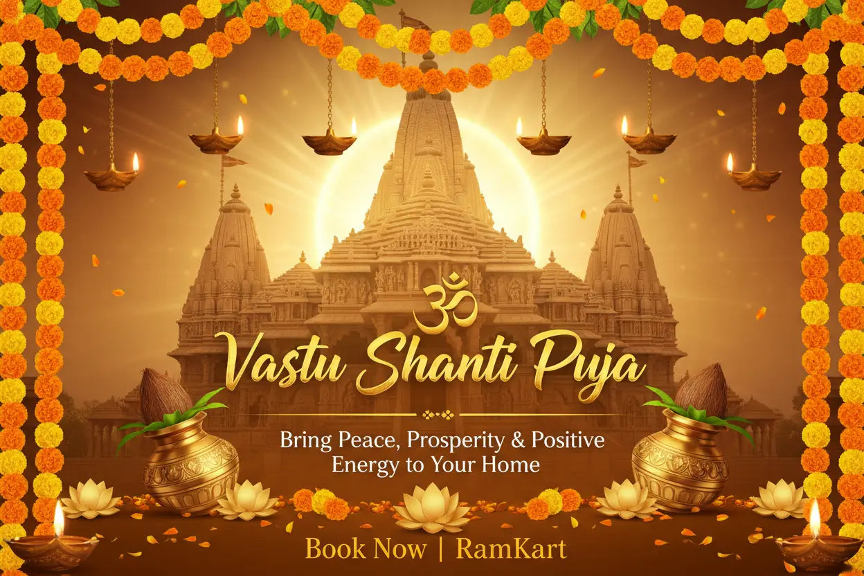 Decorative design for Vastu Shanti Puja with temple, flowers, and text on a warm brown background.